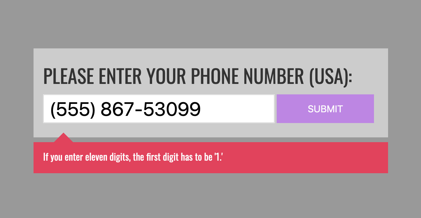 Screenshot of an input field that validates phone numbers